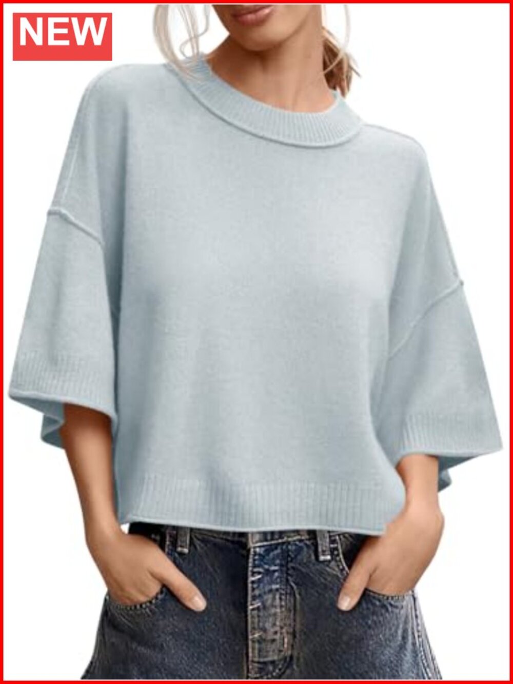 Womens Oversized Cropped Short Sleeve Sweater Knit Pullover Top
